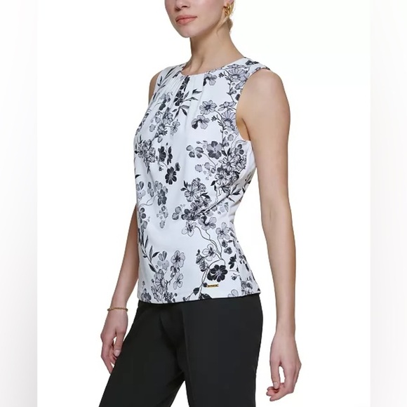 Calvin Klein | Petite Pleat Neck Top in Black/White Size Medium - Picture 3 of 8